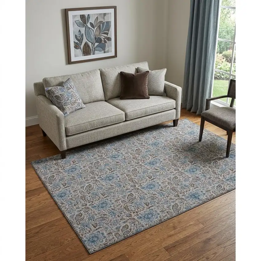 Coffee And Blue Floral Washable Area Rug With UV Protection Photo 1