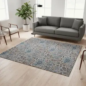 Photo of Coffee And Blue Floral Washable Area Rug With UV Protection