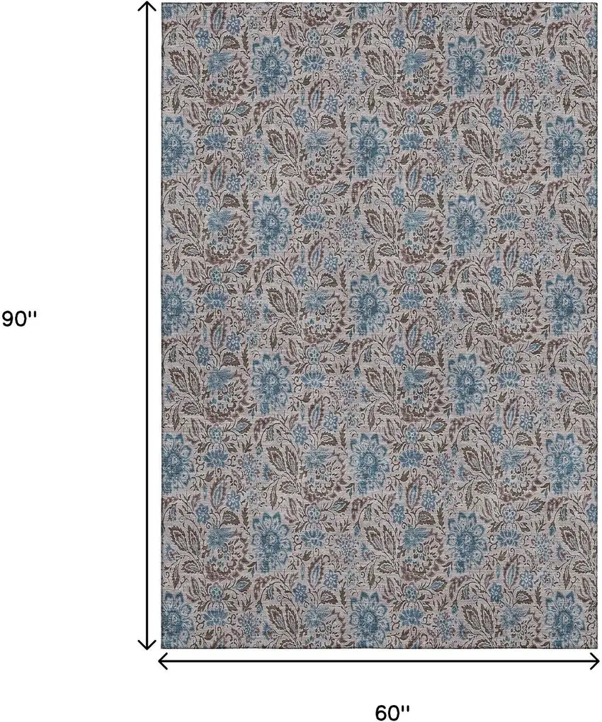Coffee And Blue Floral Washable Area Rug With UV Protection Photo 3