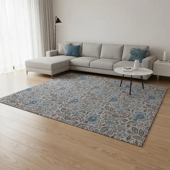 Coffee And Blue Floral Washable Area Rug With UV Protection Photo 1