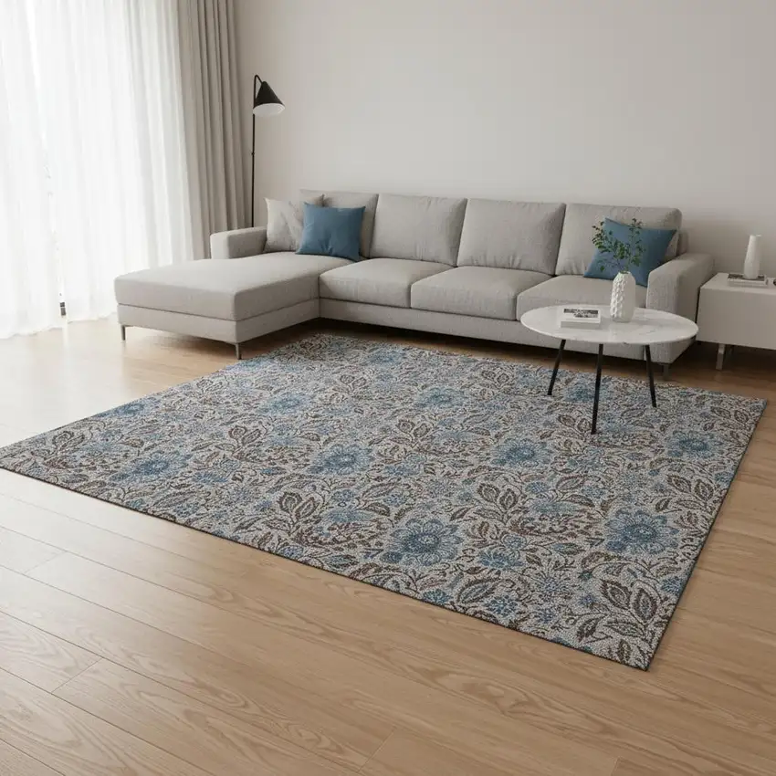 Coffee And Blue Floral Washable Area Rug With UV Protection Photo 1