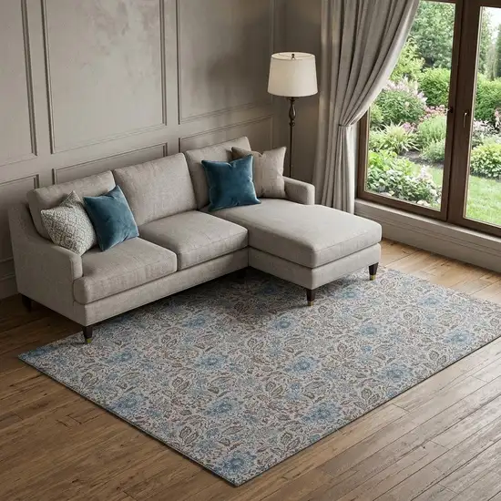Coffee And Blue Floral Washable Area Rug With UV Protection Photo 1