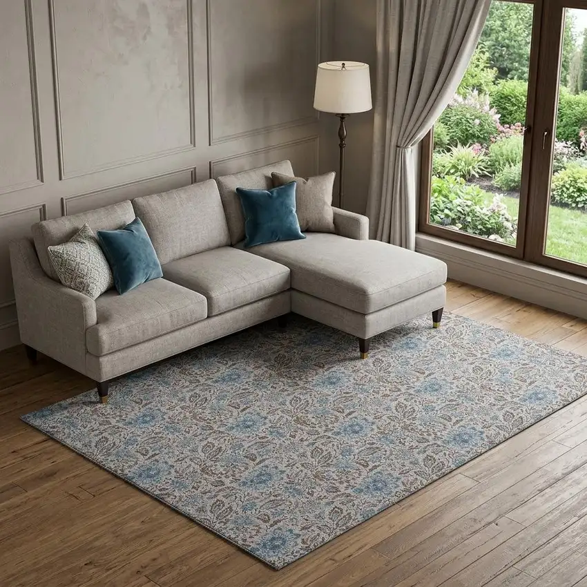 Coffee And Blue Floral Washable Area Rug With UV Protection Photo 1