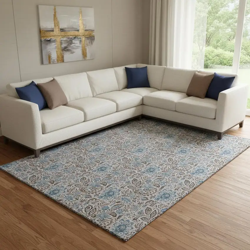 Coffee And Blue Floral Washable Area Rug With UV Protection Photo 1
