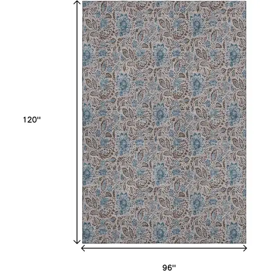 Coffee And Blue Floral Washable Area Rug With UV Protection Photo 3