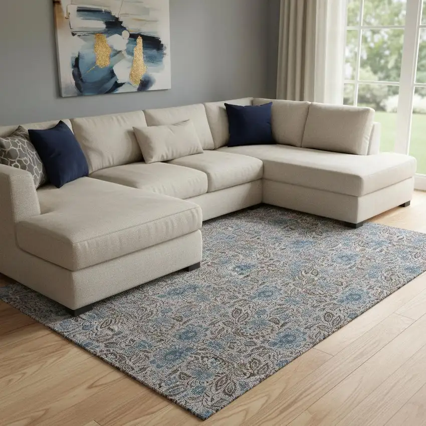 Coffee And Blue Floral Washable Area Rug With UV Protection Photo 1