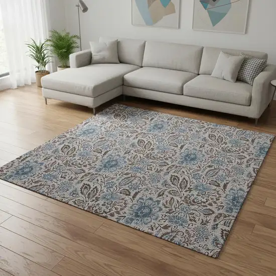 Coffee And Blue Floral Washable Area Rug With UV Protection Photo 1