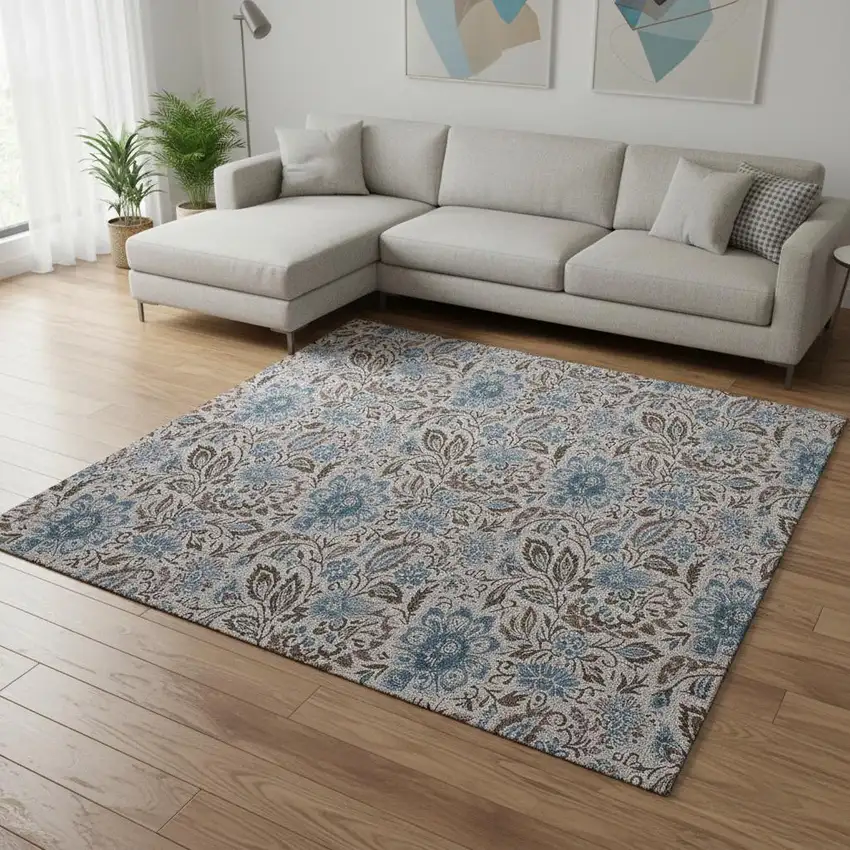 Coffee And Blue Floral Washable Area Rug With UV Protection Photo 1
