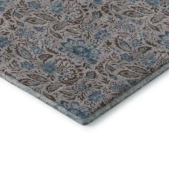 Coffee And Blue Floral Washable Area Rug With UV Protection Photo 7