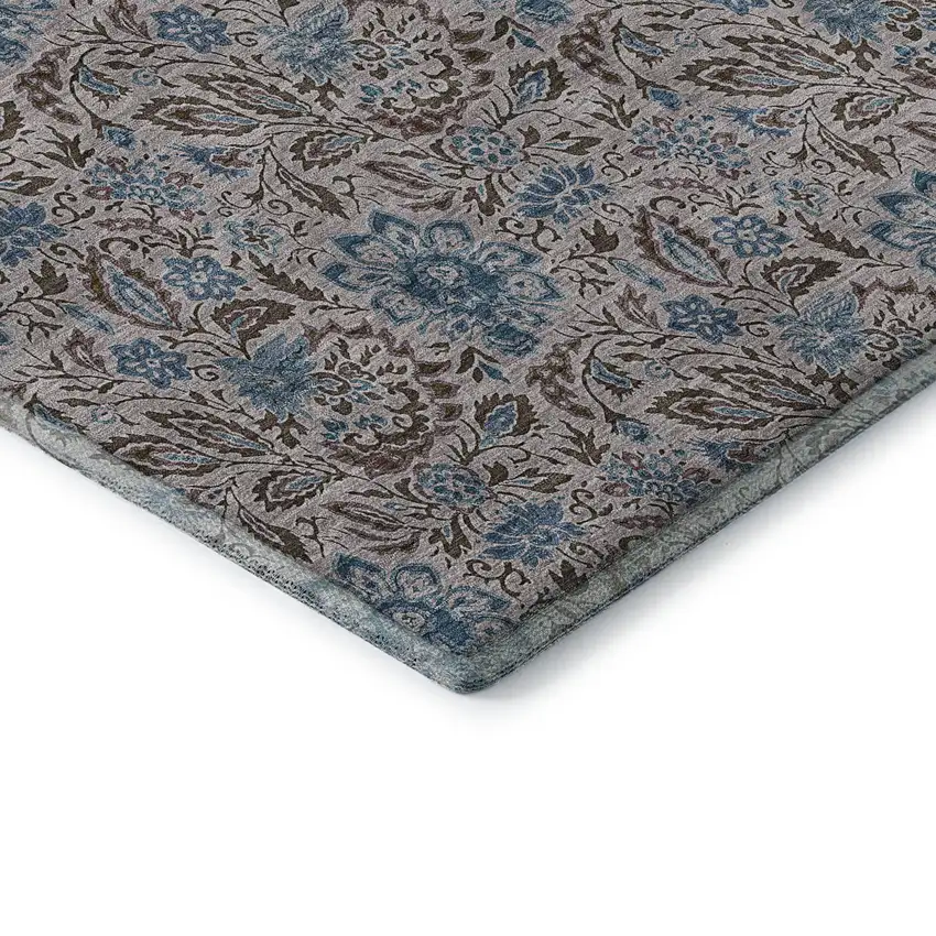 Coffee And Blue Floral Washable Area Rug With UV Protection Photo 7