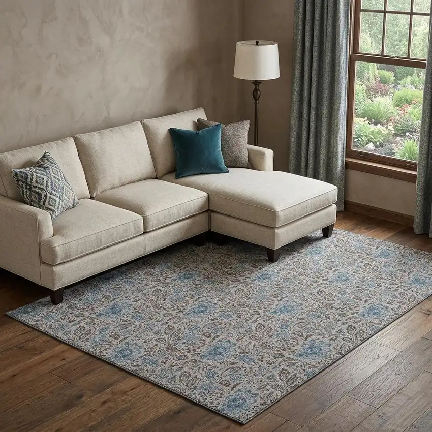 Coffee And Blue Floral Washable Area Rug With UV Protection Photo 1