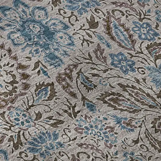 Coffee And Blue Floral Washable Area Rug With UV Protection Photo 9