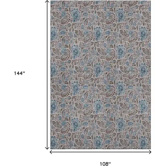 Coffee And Blue Floral Washable Area Rug With UV Protection Photo 3