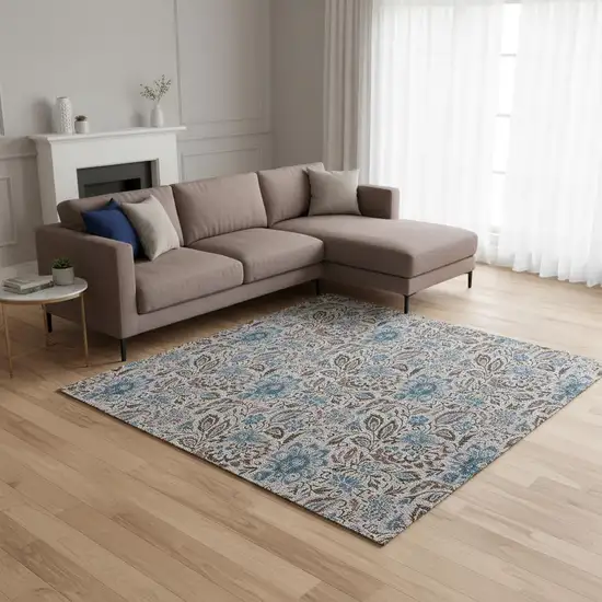 Coffee And Blue Floral Washable Area Rug With UV Protection Photo 1