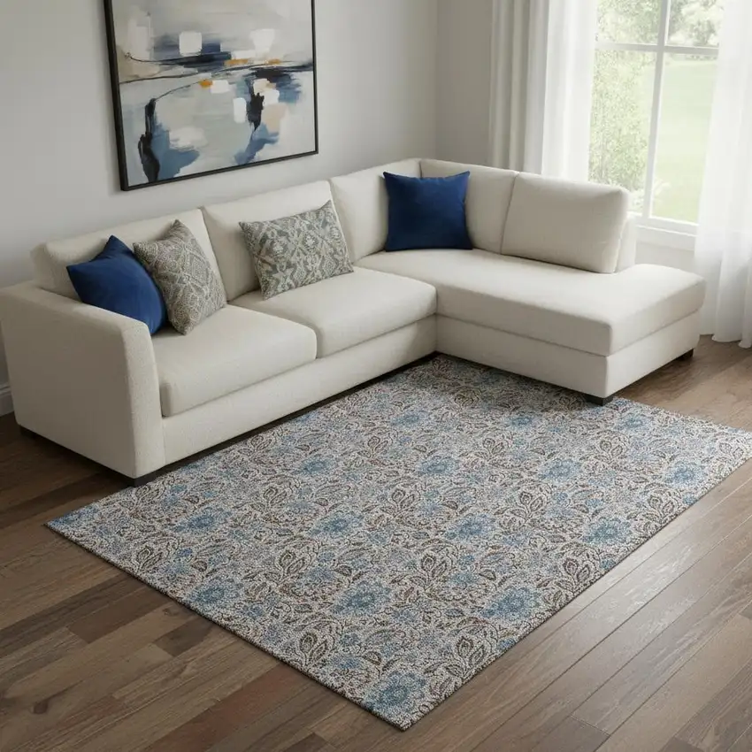 Coffee And Blue Floral Washable Area Rug With UV Protection Photo 1