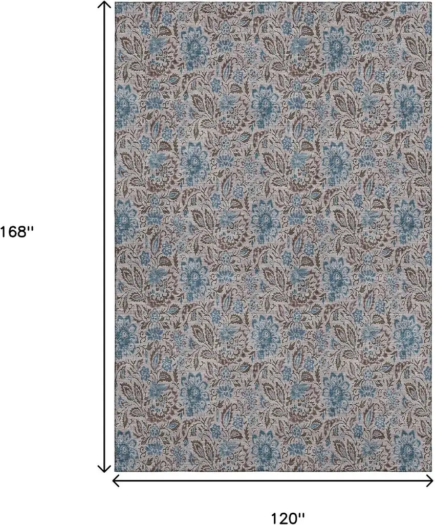 Coffee And Blue Floral Washable Area Rug With UV Protection Photo 3