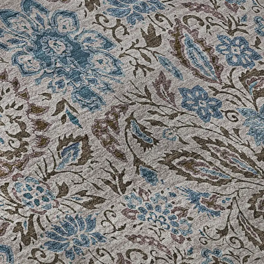 Coffee And Blue Floral Washable Area Rug With UV Protection Photo 9