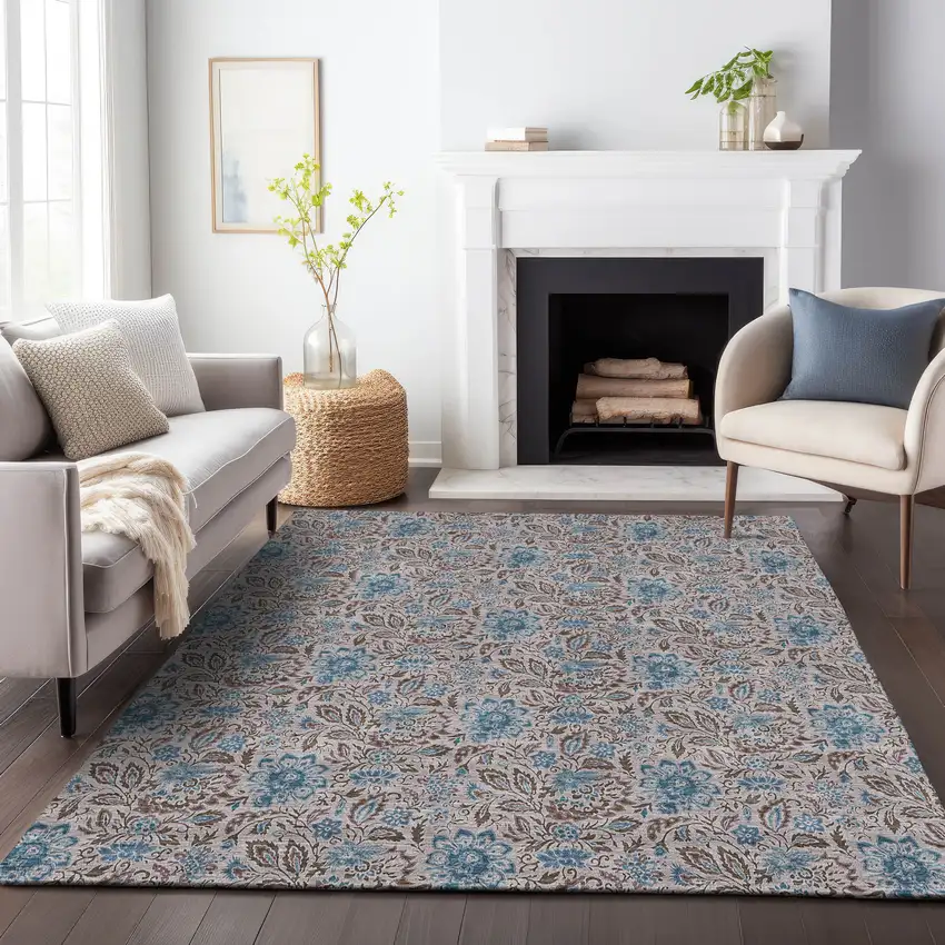 Coffee And Blue Floral Washable Area Rug With UV Protection Photo 5