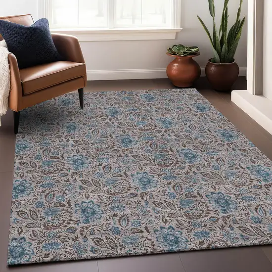 Coffee And Blue Floral Washable Area Rug With UV Protection Photo 4