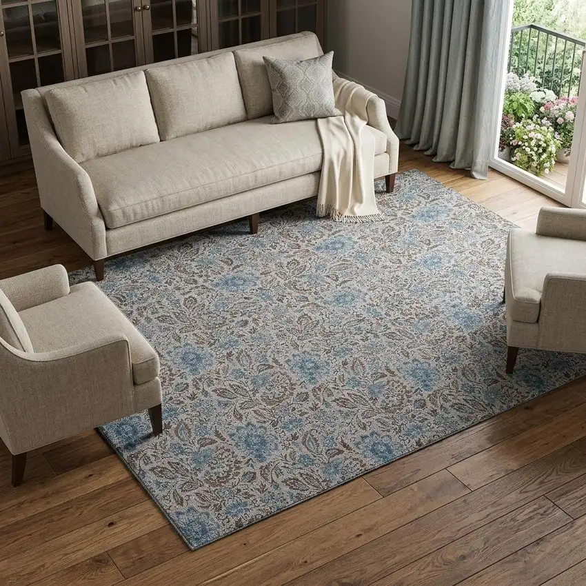 Coffee And Blue Floral Washable Area Rug With UV Protection Photo 1