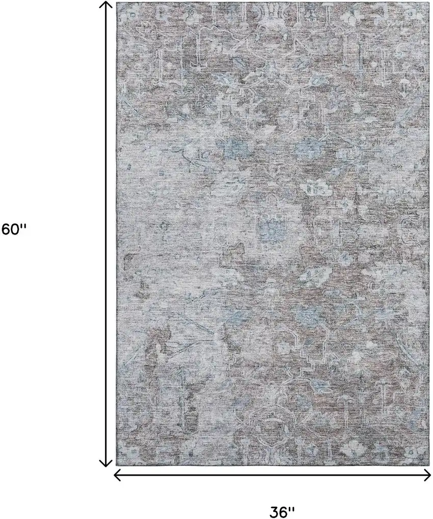 Coffee And Blue Floral Washable Area Rug With UV Protection Photo 3