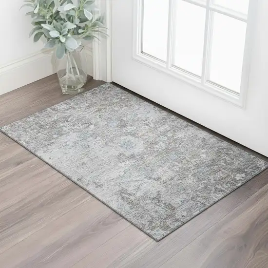 Coffee And Blue Floral Washable Area Rug With UV Protection Photo 1