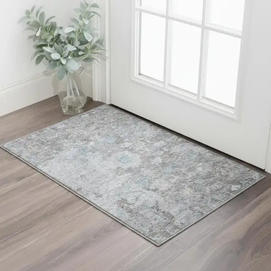 Coffee And Blue Floral Washable Area Rug With UV Protection Photo 2
