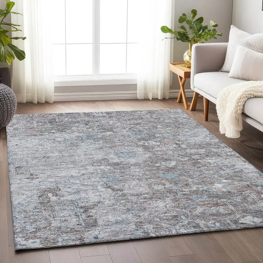 Coffee And Blue Floral Washable Area Rug With UV Protection Photo 6