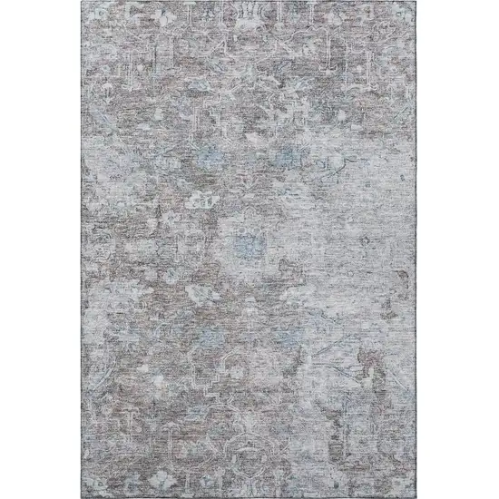 Coffee And Blue Floral Washable Area Rug With UV Protection Photo 4