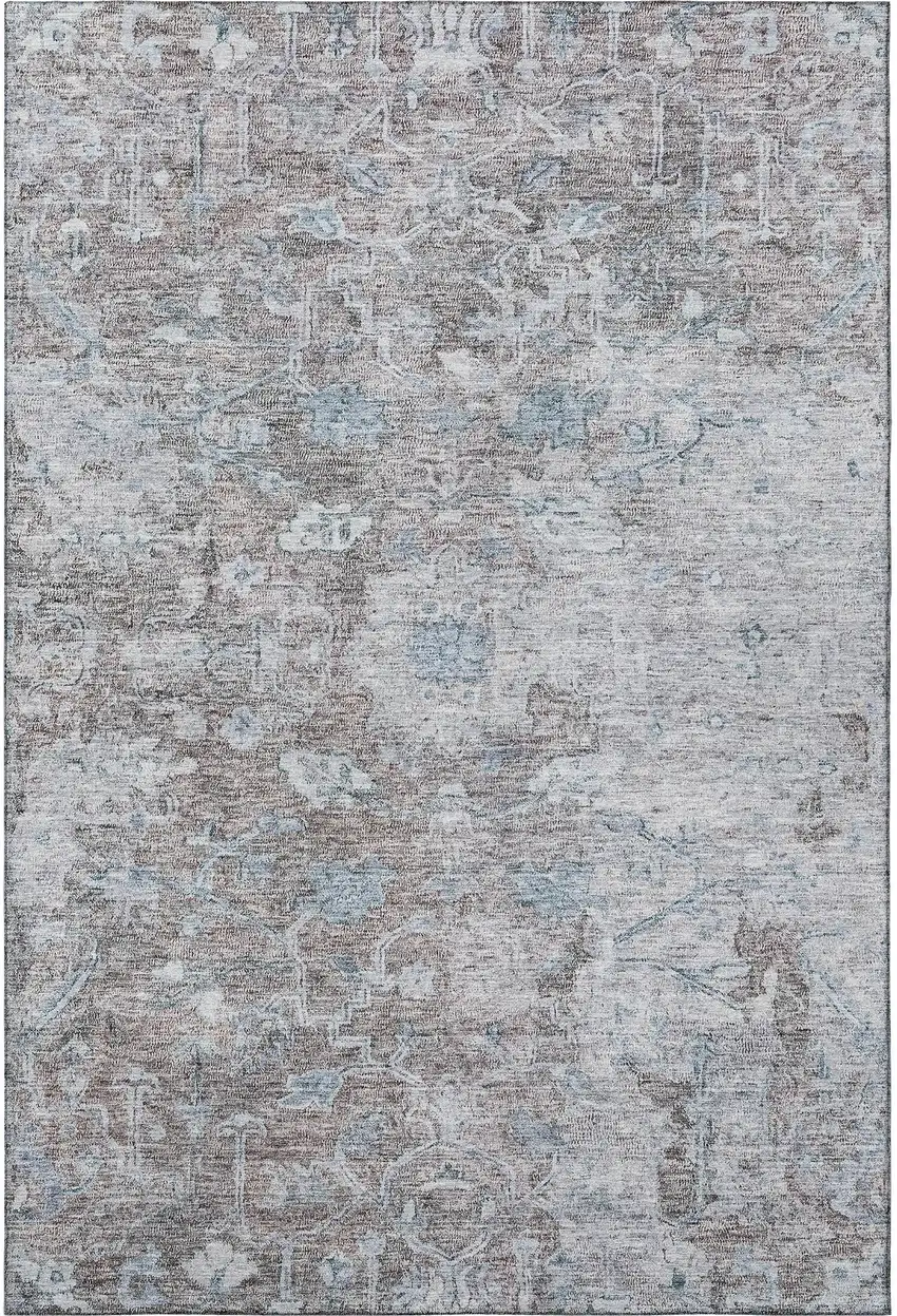 Coffee And Blue Floral Washable Area Rug With UV Protection Photo 4
