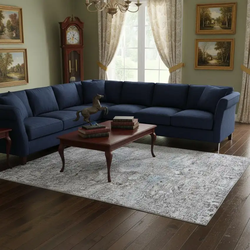 Coffee And Blue Floral Washable Area Rug With UV Protection Photo 2