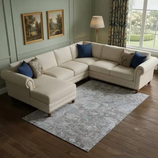 Coffee And Blue Floral Washable Area Rug With UV Protection Photo 1