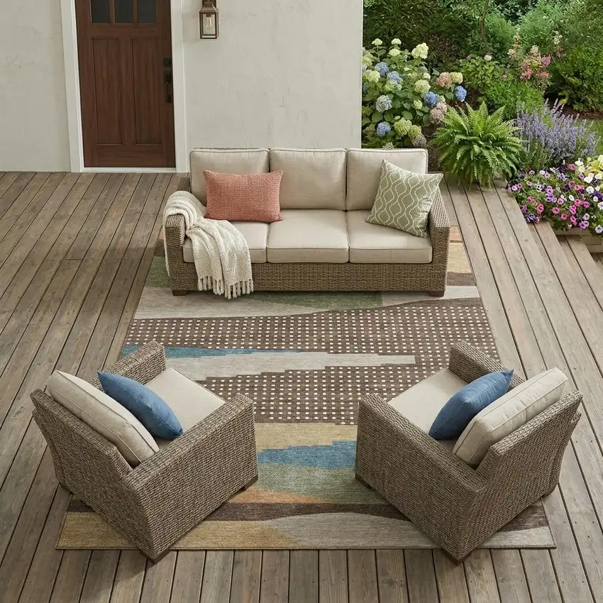 Coffee And Brown Abstract Washable Indoor Outdoor Area Rug Photo 1