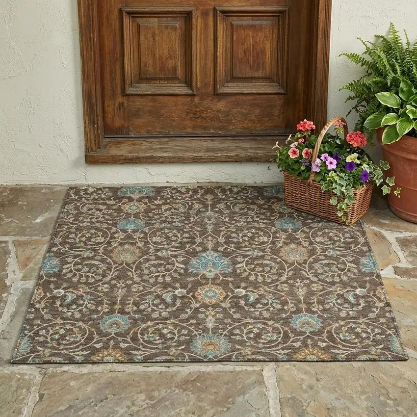 Coffee And Brown Floral Washable Indoor Outdoor Area Rug Photo 1