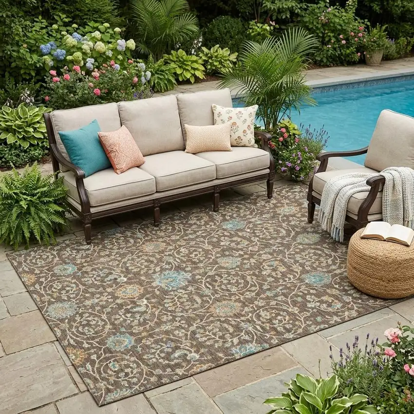 Coffee And Brown Floral Washable Indoor Outdoor Area Rug Photo 1
