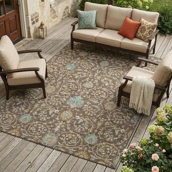 Coffee And Brown Floral Washable Indoor Outdoor Area Rug Photo 1