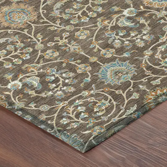 Coffee And Brown Floral Washable Indoor Outdoor Area Rug Photo 3