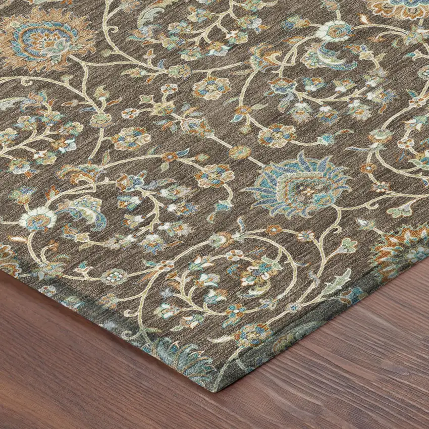 Coffee And Brown Floral Washable Indoor Outdoor Area Rug Photo 3