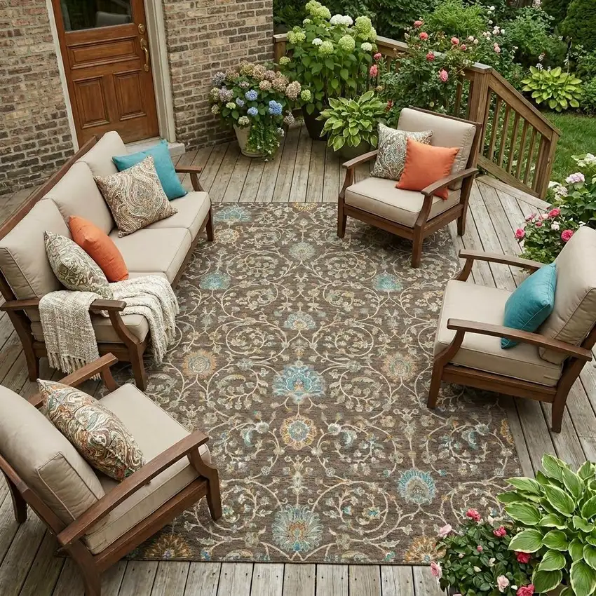 Coffee And Brown Floral Washable Indoor Outdoor Area Rug Photo 1