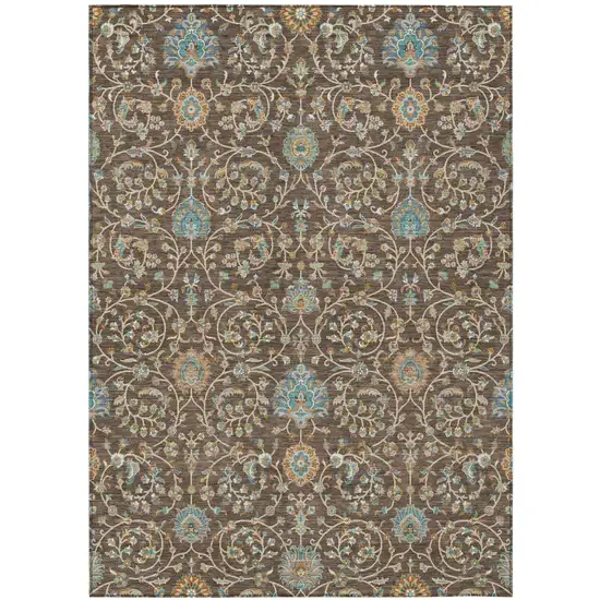 Coffee And Brown Floral Washable Indoor Outdoor Area Rug Photo 2