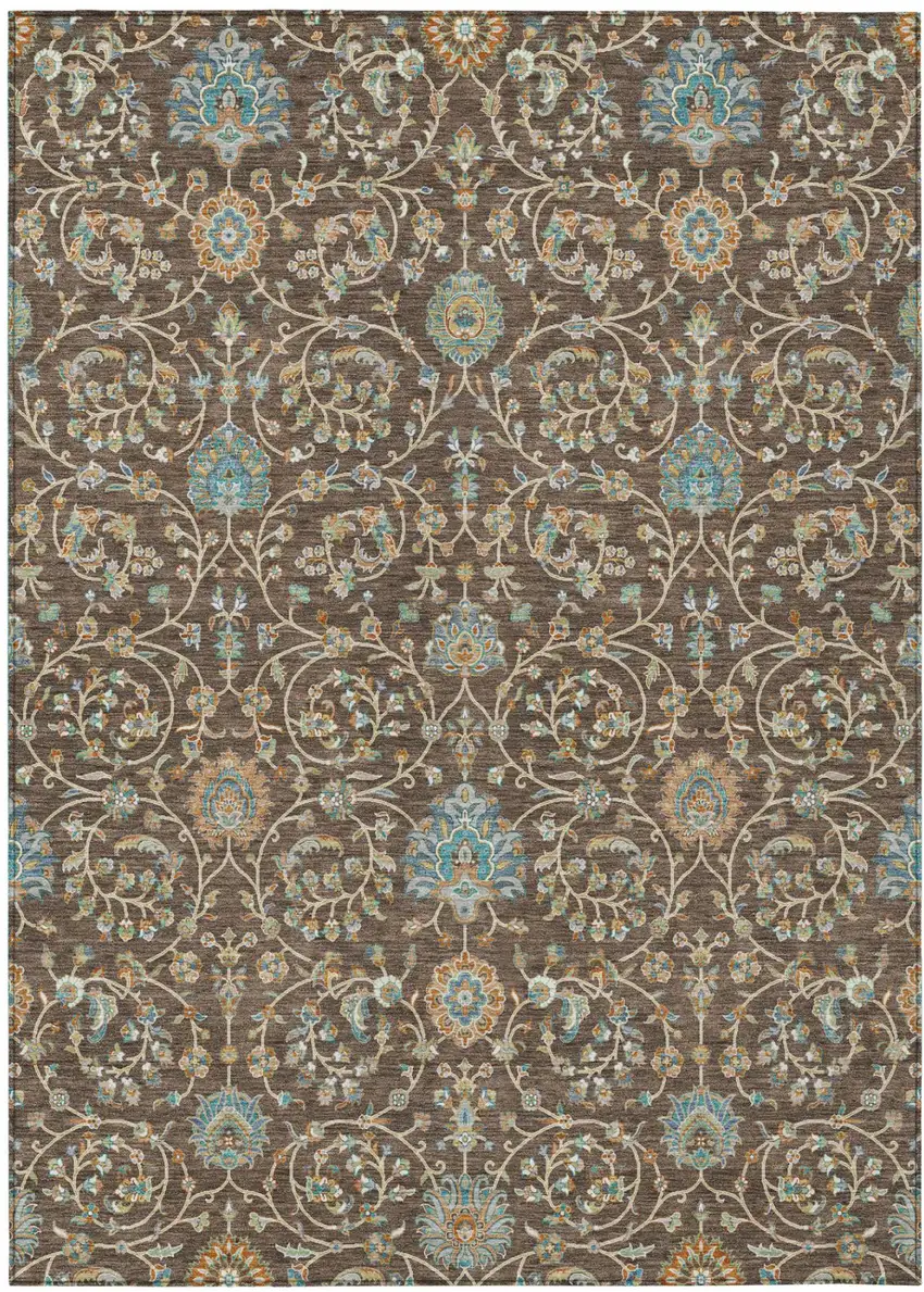 Coffee And Brown Floral Washable Indoor Outdoor Area Rug Photo 2