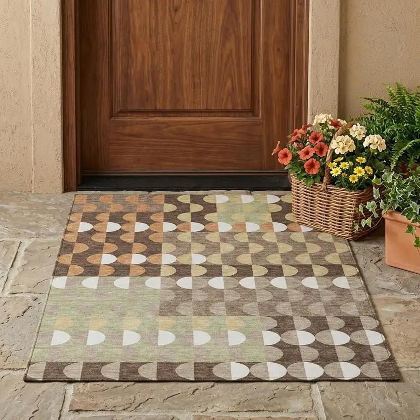 Coffee And Brown Geometric Washable Indoor Outdoor Area Rug Photo 1