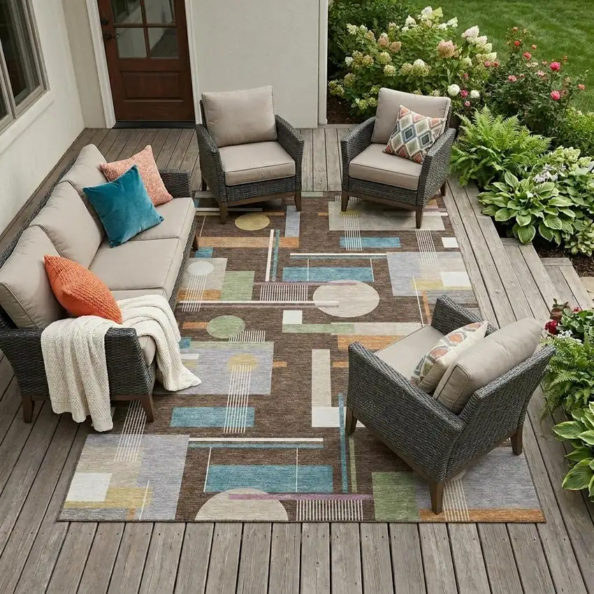 Coffee And Brown Geometric Washable Indoor Outdoor Area Rug Photo 1