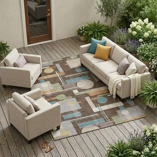 Coffee And Brown Geometric Washable Indoor Outdoor Area Rug Photo 1