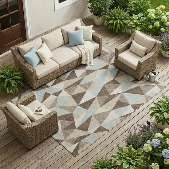 Coffee And Brown Geometric Washable Indoor Outdoor Area Rug Photo 1