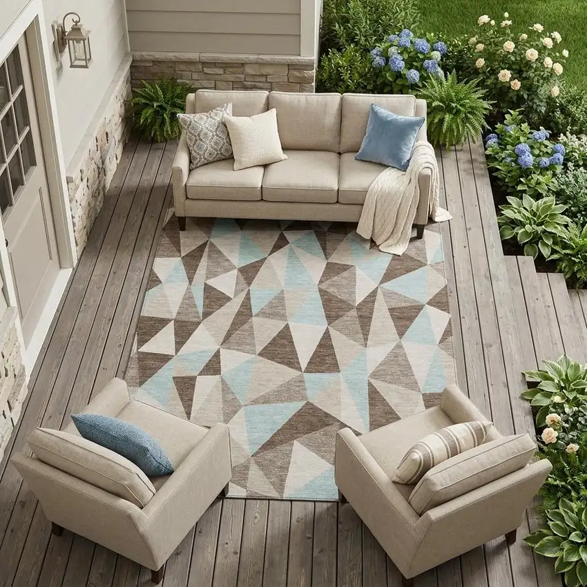 Coffee And Brown Geometric Washable Indoor Outdoor Area Rug Photo 1