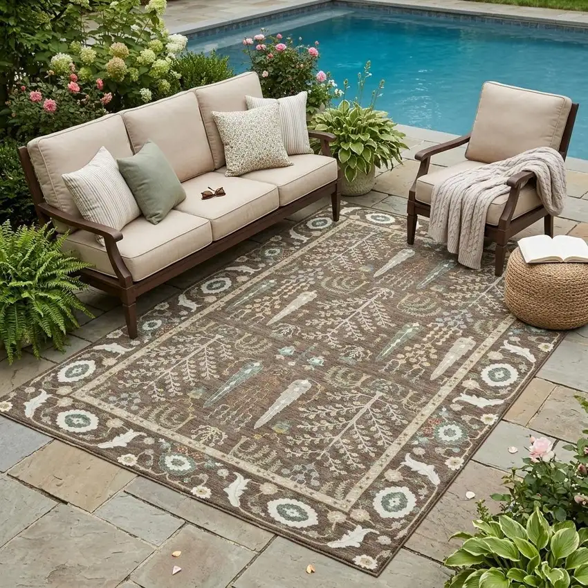 Coffee And Brown Oriental Washable Indoor Outdoor Area Rug Photo 1