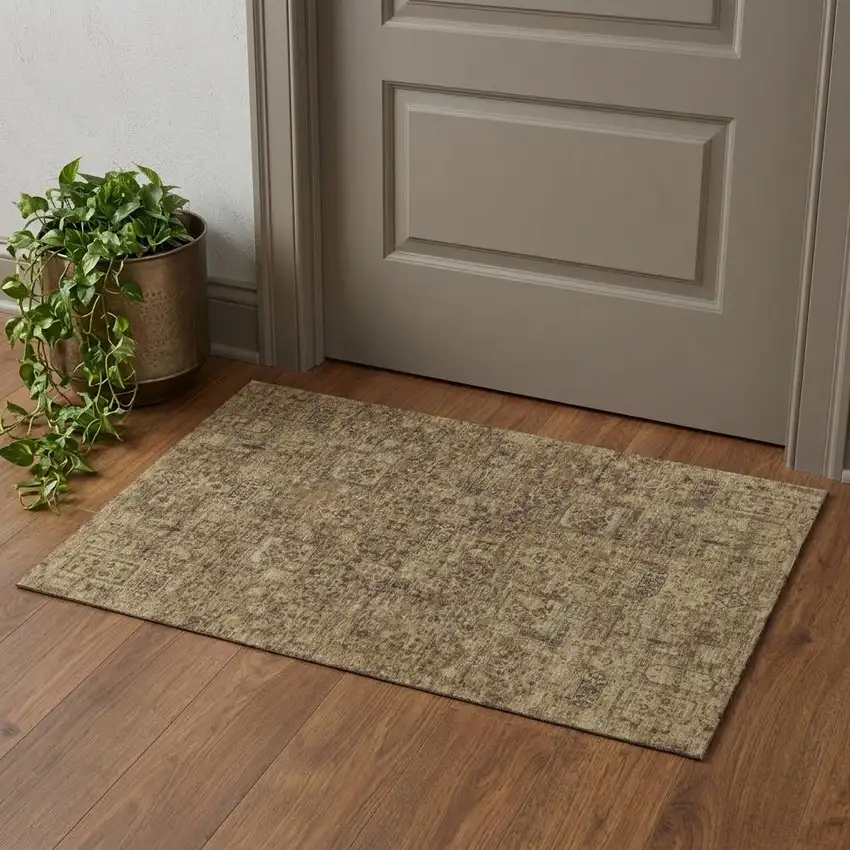 Coffee And Charcoal Floral Washable Area Rug With UV Protection Photo 1
