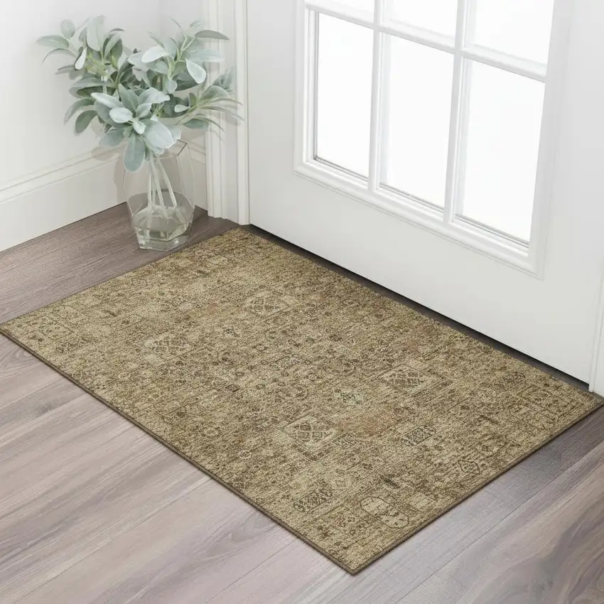 Coffee And Charcoal Floral Washable Area Rug With UV Protection Photo 1