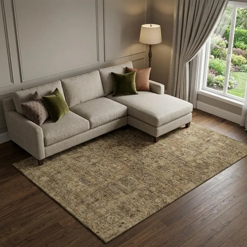 Coffee And Charcoal Floral Washable Area Rug With UV Protection Photo 1